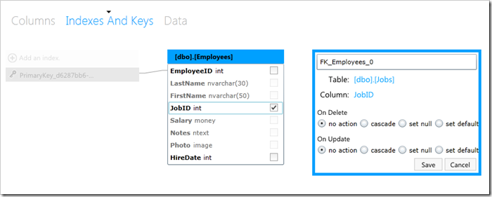 Foreign key relationship between Jobs and Employees table created in HR database using SQL Azure database management web app