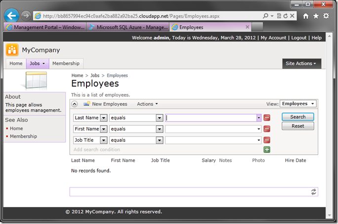 Code On Time Azure Factory web application running in Azure staging deployment