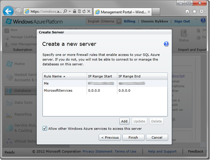 Firewall rules for SQL Azure database server