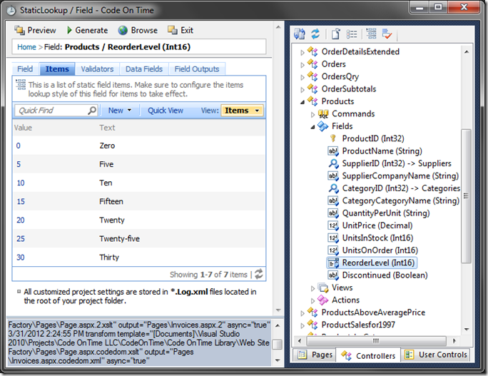 Static list of lookup items for Reorder Level field