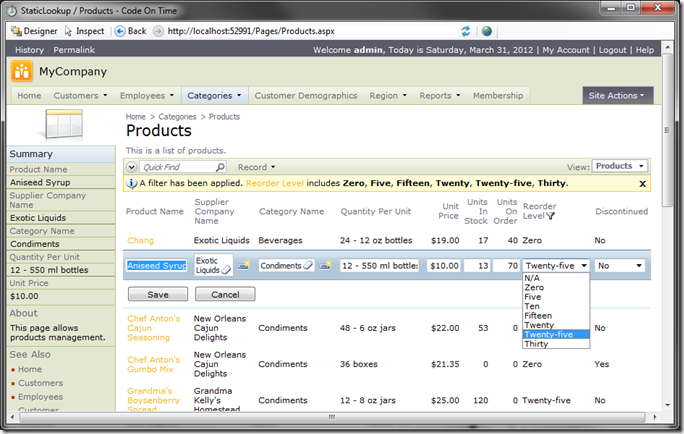 Reorder Level field presented as a drop down list with words 