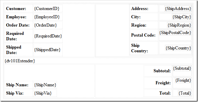 Design view of the Custom HTML Table layout