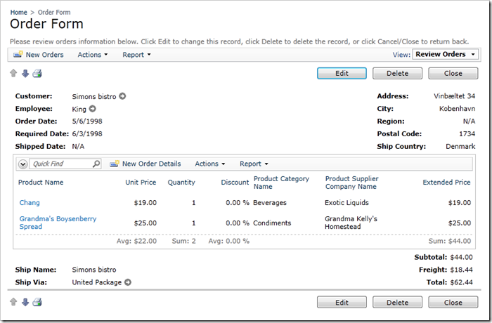 The new layout of Order Form using a Custom HTML Table Layout