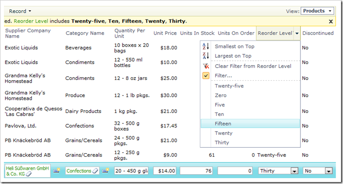 Reorder Level field in Products now showing static items as words, and as a drop down list