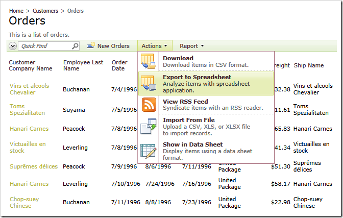 'Export to Spreadsheet' action in Code On Time web applications