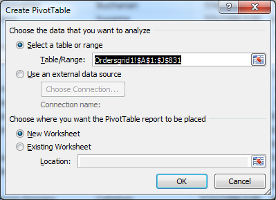 'Create PivotTable' dialog in Microsoft Excel