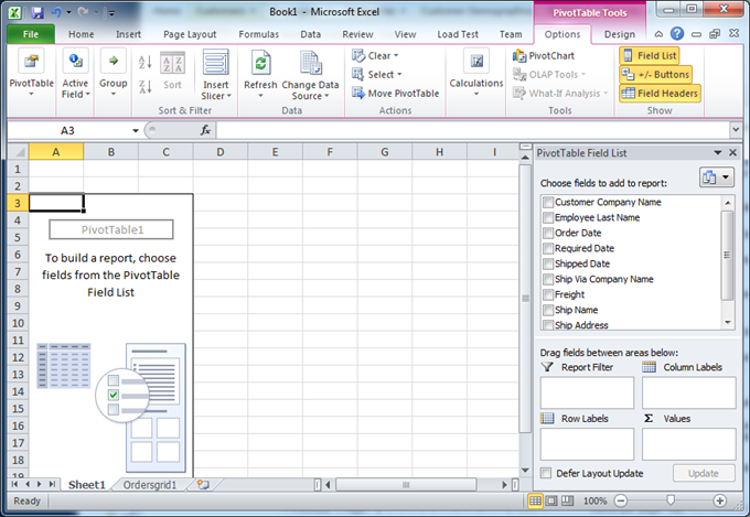 Empty pivot table created in Microsoft Excel