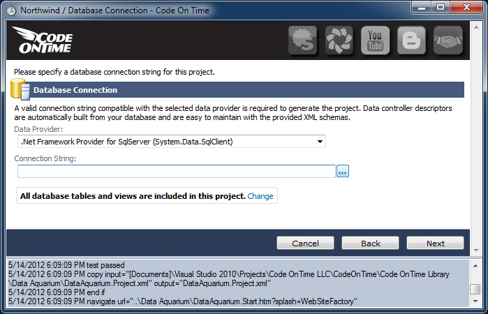 Configuration of database connection string to SQL Server