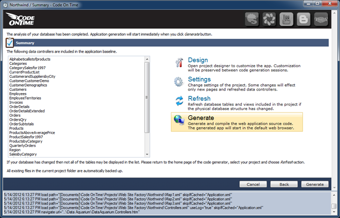 Summary page of Code On time web application generator