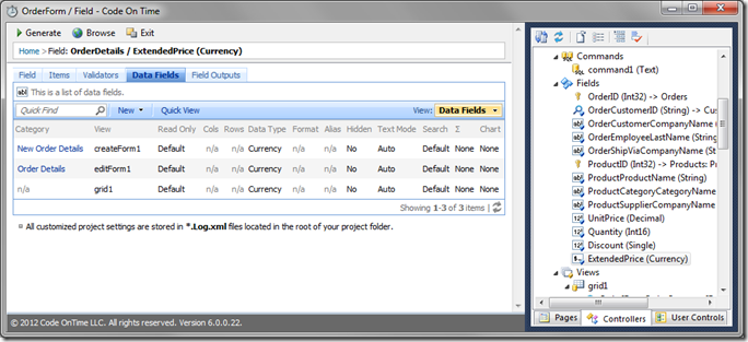 List of new data fields in Code On Time Designer