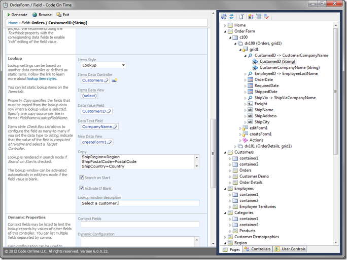 CustomerID Lookup configuration in Code On Time Designer