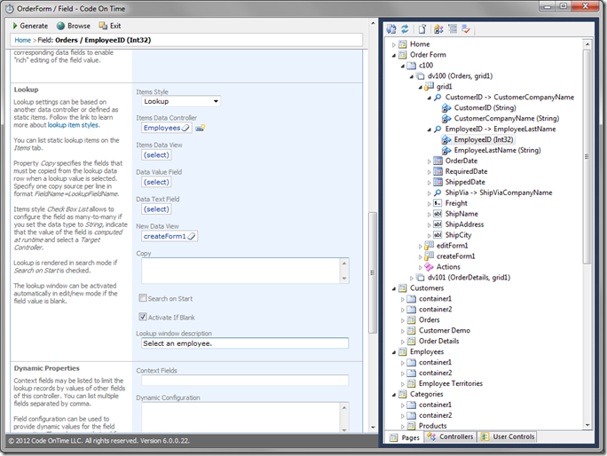 EmployeeID Lookup configuration in Code On Time Designer