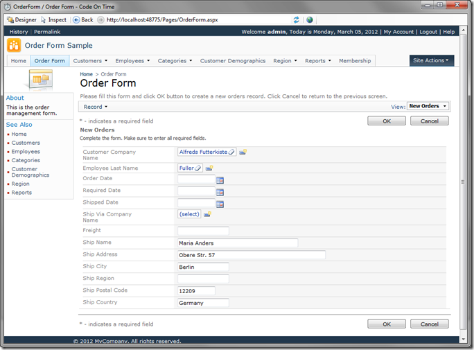 New Order Form in Code On Time Preview