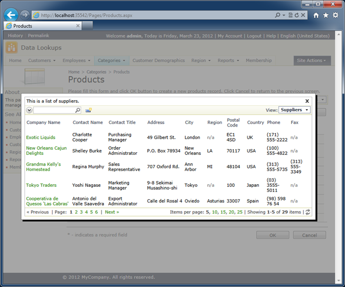 The lookup window with the custom 'Page Size' property set to '5'