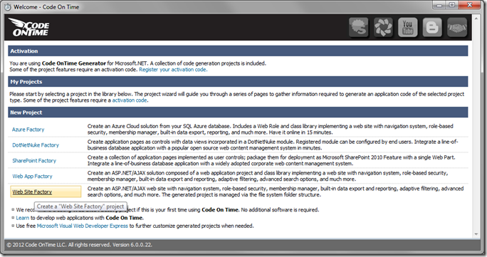 Create Web Site Factory project in Code On Time web application generator