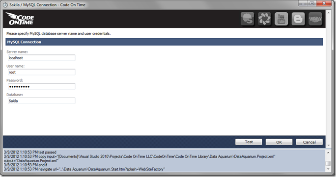 Entering MySQL Connection information in Code On Time generator