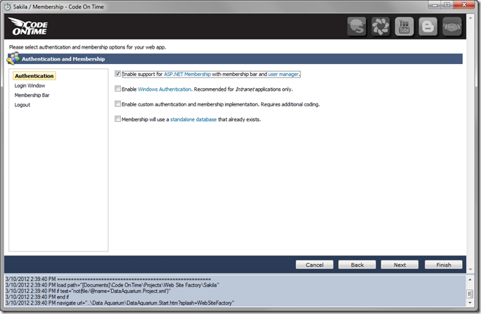 Enable ASP.NET Membership in Code On Time web application generator