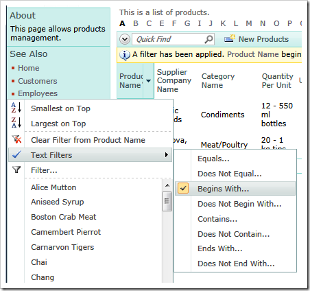 The alternative method of activating the 'Begins With...' filter