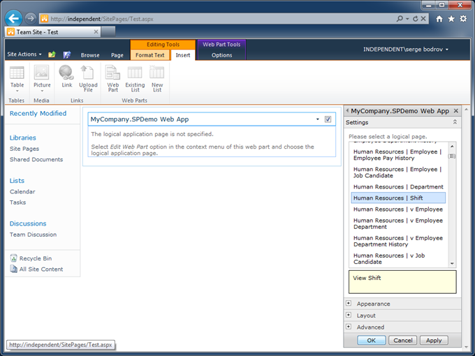 Activating logical page 'Human Resources | Shift' in the webpart created with SharePoint Factory and Code On Time