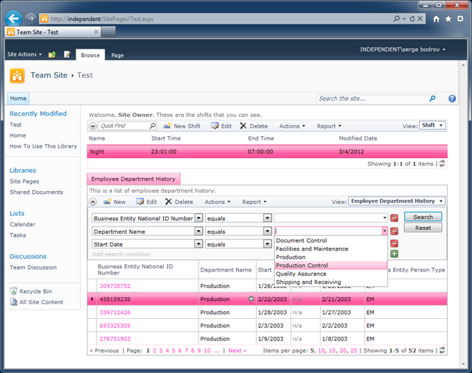 User from 'Team Site Owners' group is effected by access control rules and virtualization. Only the 'Night' shift is visible.  Also a custom message will be displayed at top of the 'Shift' grid view.