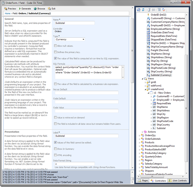 New 'Subtotal' field settings in Code On Time Designer