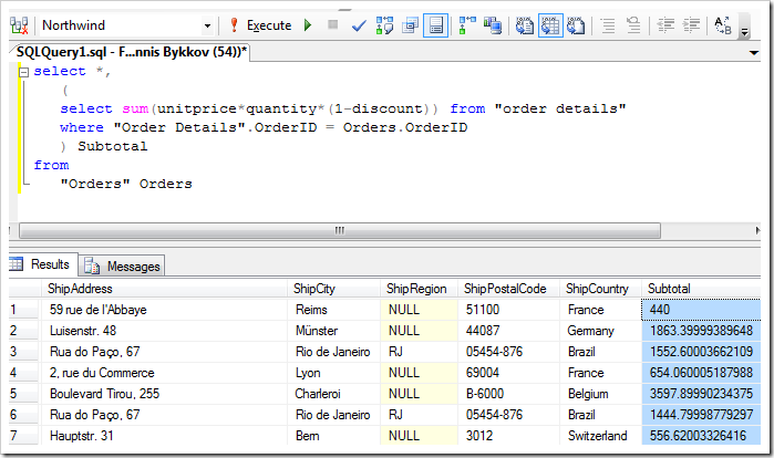 Simplified statement of 'Subtotal' SQL Formula calculation in SQL Management Studio