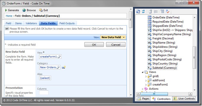 New 'Subtotal' Data Field in createForm1