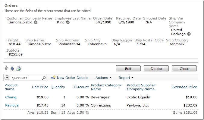 'Subtotal' Field displayed in Order Form page of web application