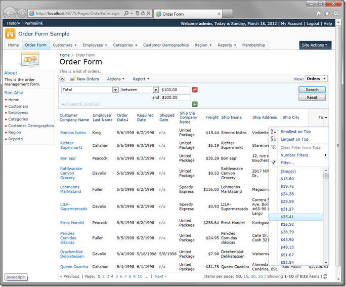 Sorting and Filtering enabled in Order Form for 'Total' field