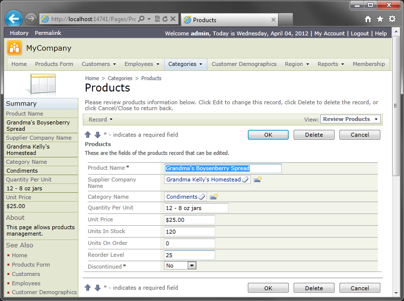 ... editForm1' on Products page of Code On Time generated web application