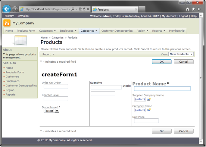 Products page 'createForm1' using a custom form template