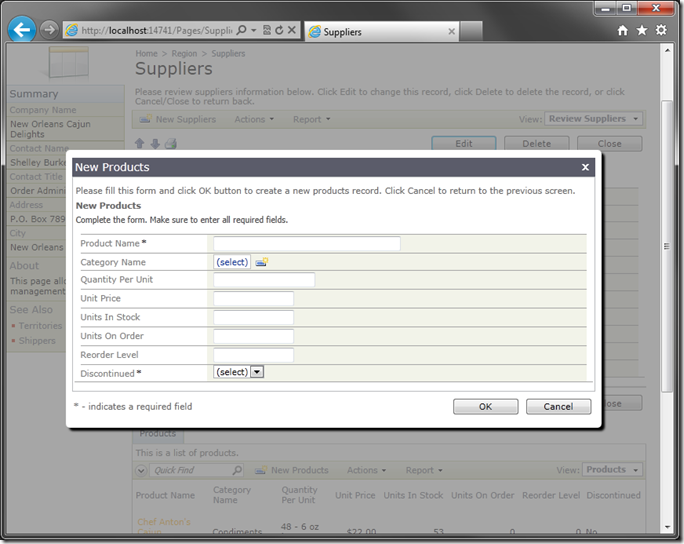 Default 'createForm1' in modal window on Suppliers page of web application created with Code On Time