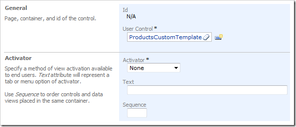 New Control with User Control of 'ProductsCustomTemplate' in Code On Time Designer
