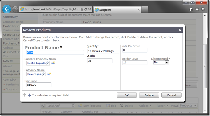 Custom Template in 'editForm1' in modal window on Suppliers page of web application created with Code On Time