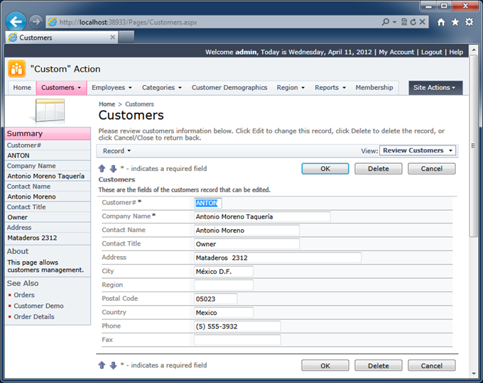 View 'editForm1'  in the Customers data controller of the Northwind sample