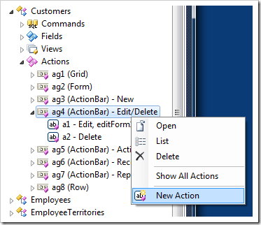 Adding a new action in a Code On Time web application