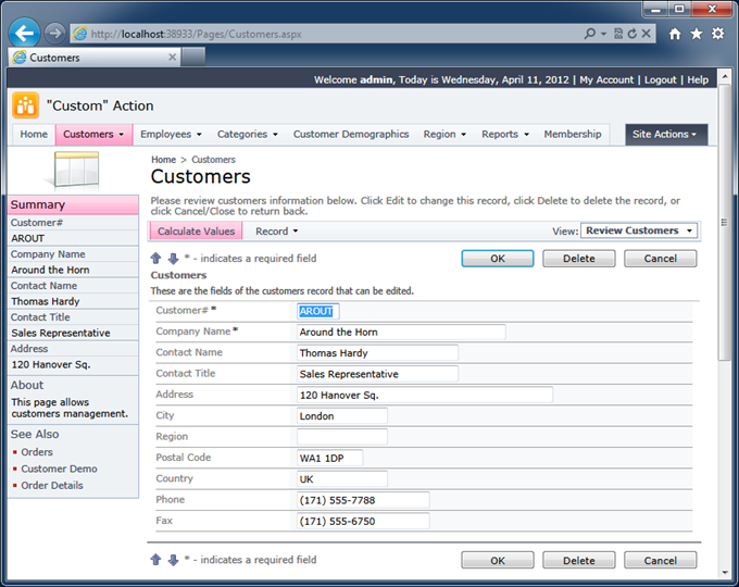 Custom action 'Calculate Values' on the action bar of a web app created with Code onTime application generator