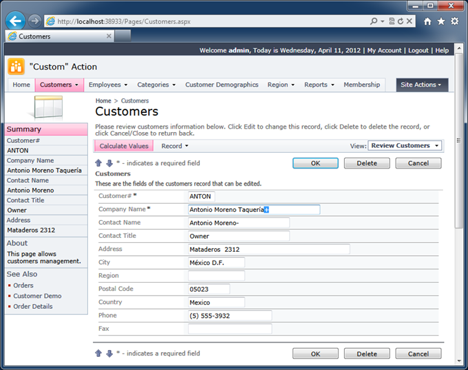 The effect of a custom business rule executed on the server in a web application created with Code On Time