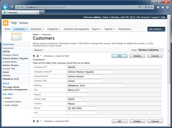 A data record presented in 'edit' mode in a web application created with Code On Time