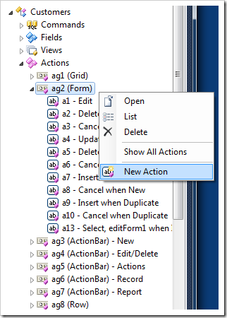 Action group with 'Form' scope presented in Project Explorer