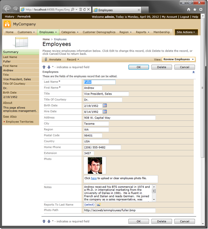 Employees category with Floating disabled in Code On Time web application
