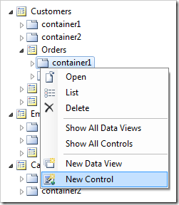 'New Control' option on container1 of Orders page in Code On Time Designer