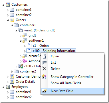 New Data Field context menu option in Code On Time Project Explorer