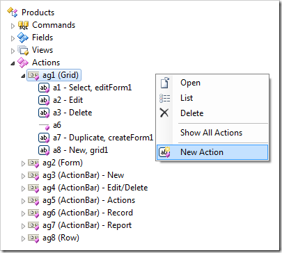 Adding a new action to a group with 'Grid' scope in a web app created with Code On Time web application generator