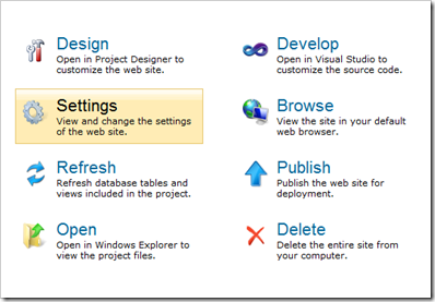 Settings option of a Code On Time web application