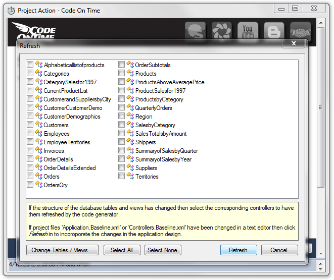 Refresh screen for Northwind sample in Code On Time web application generator