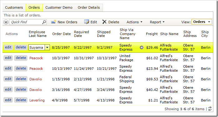 Orders grid view with Actions Column in Code On Time web application