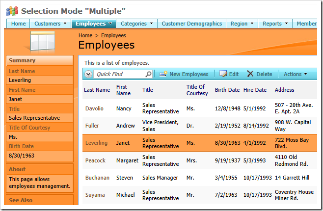 Employees data view with the 'Selection Mode' set to 'Single'.