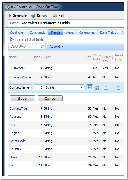 Field property 'Length' can be changed in the list of data controller fields in Project Designer