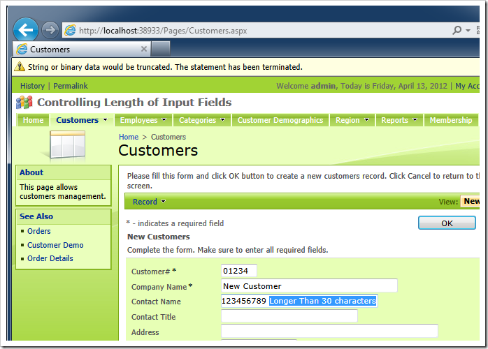 The error message of database exception raised by Microsoft SQL Server when a text longer than the database column maximum length is entered in the field